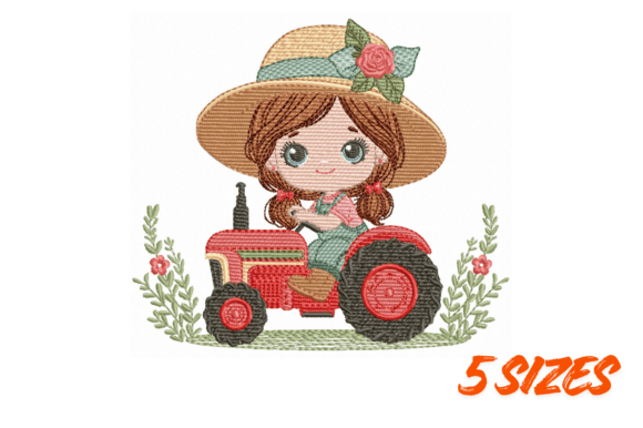 Download Cute Girl on Red Tractor Embroidery Art - Cute Collection